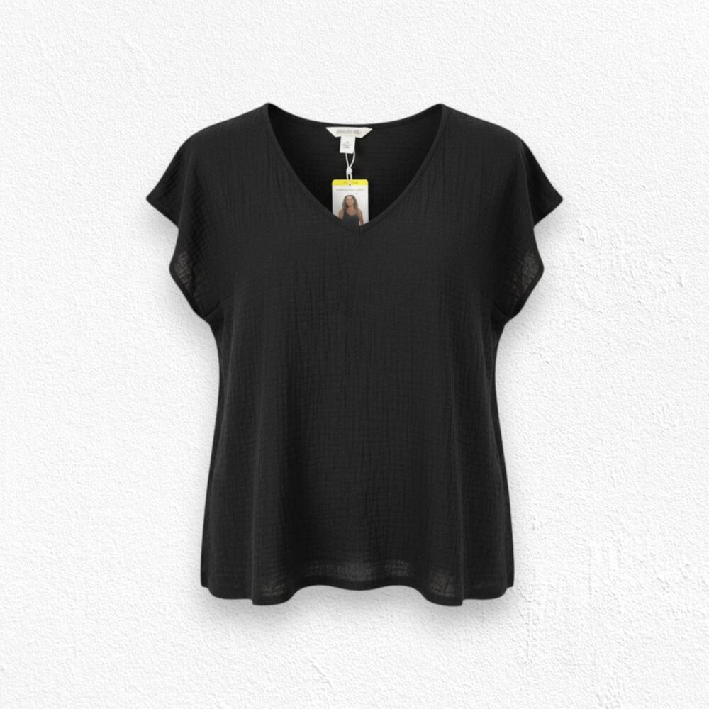 Three Dots Black Double Gauze V Neck Cap Sleeve Cotton Top Size Medium NWT $138